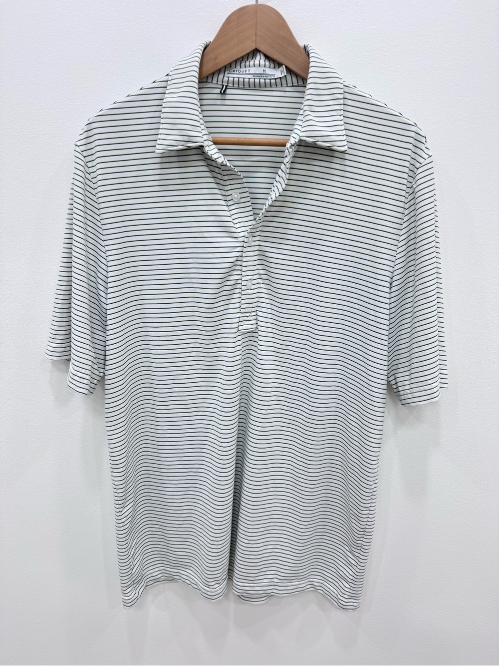 Criquet Polo Shirt Mens White Green Striped Performance Short Sleeve Sz M